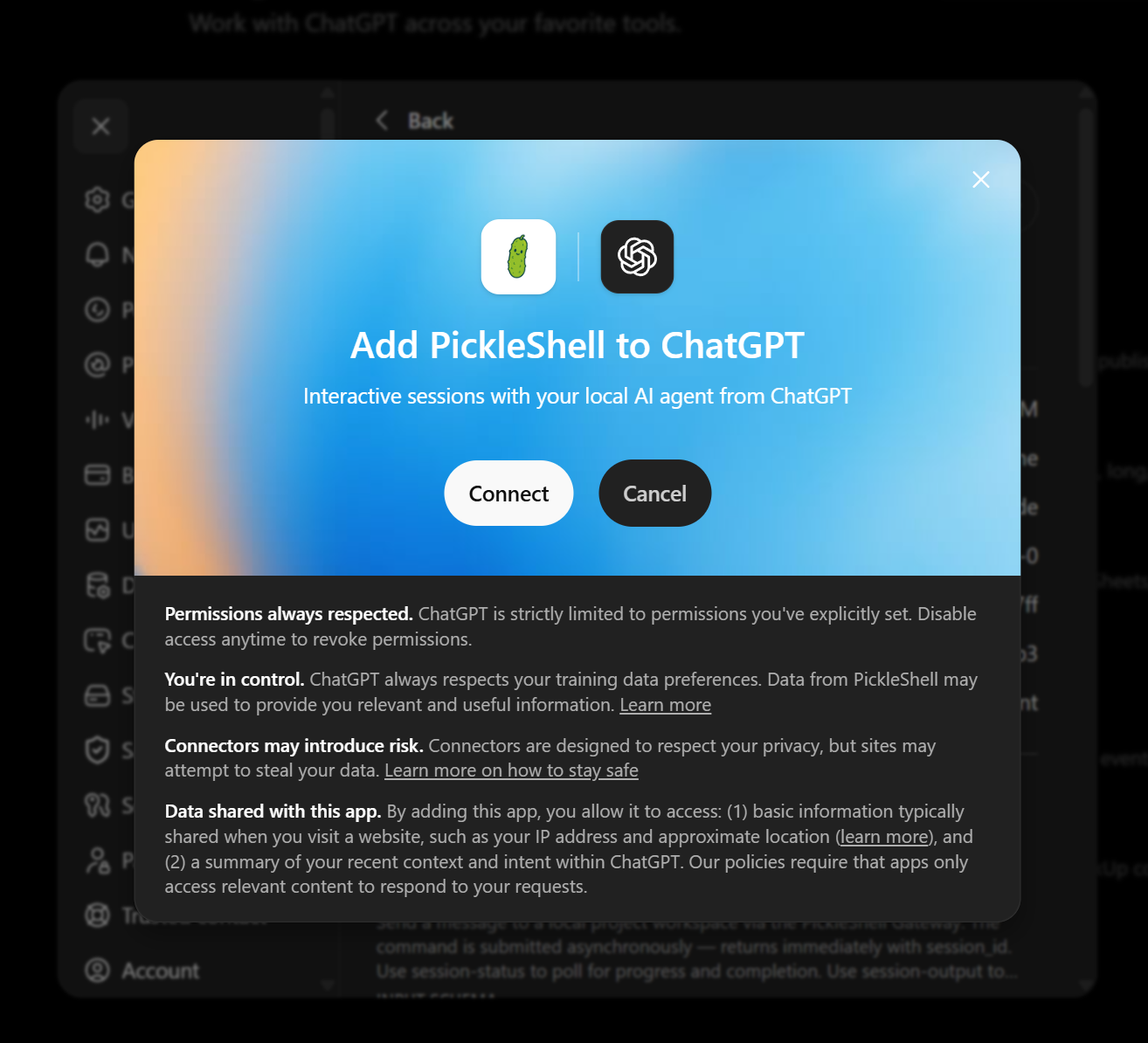 ChatGPT connection dialog for adding the PickleShell app and reviewing its permissions