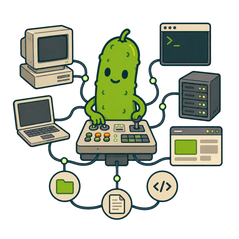 PickleShell assistant coordinating computers, servers, browser, files, and code