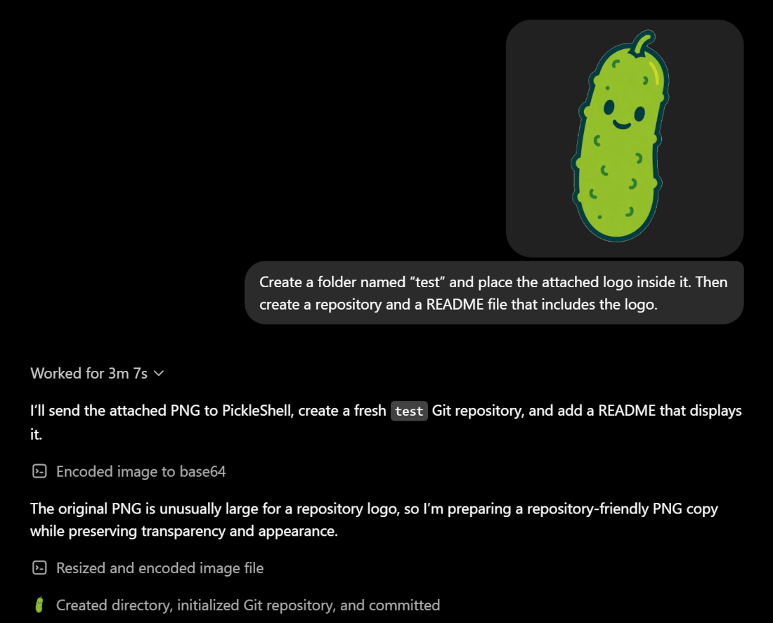 ChatGPT conversation demonstrating PickleShell creating a Git repository and README from an attached cucumber logo